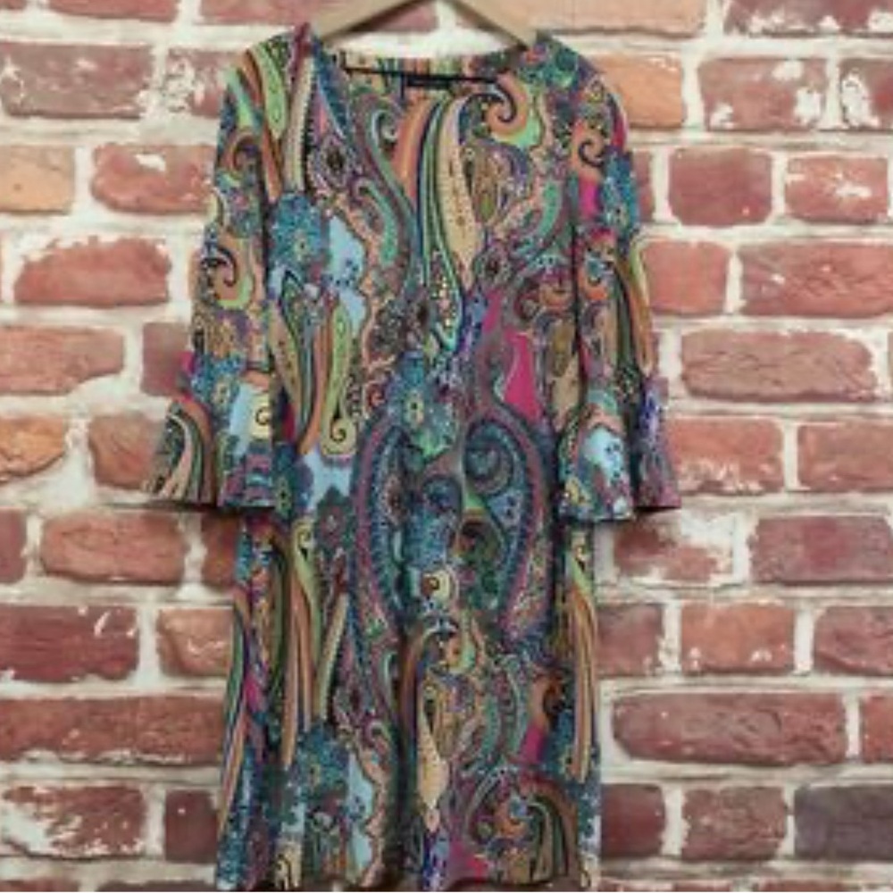Tommy Hilfiger Dress Women's Size 14 Multicolor Boho Floral Casual Bell Sleeve
